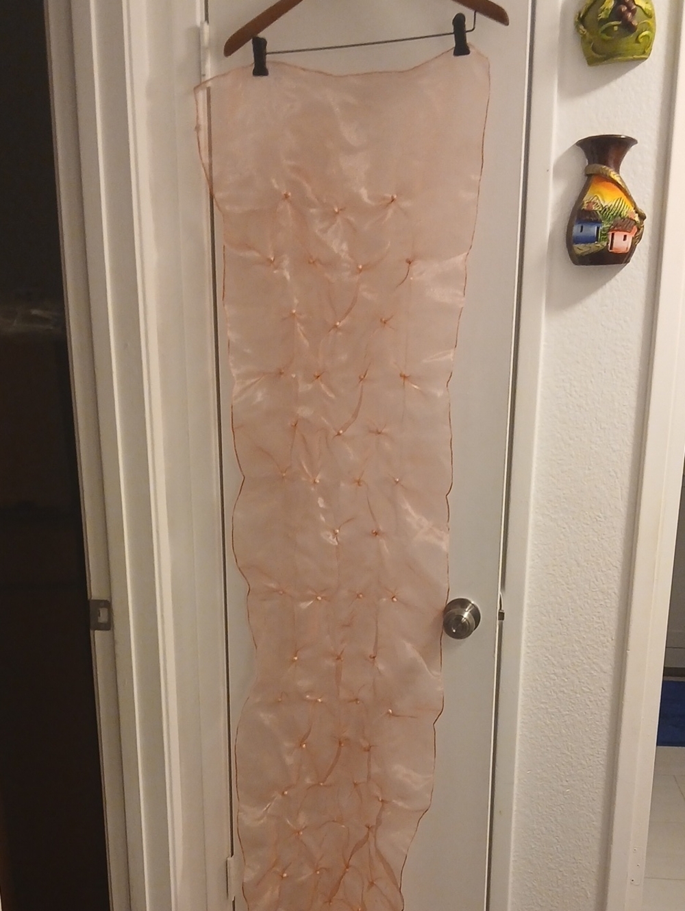 Sheer Pink Scarf with Gathered Abstract Design Pink Buttons 100% Polyester